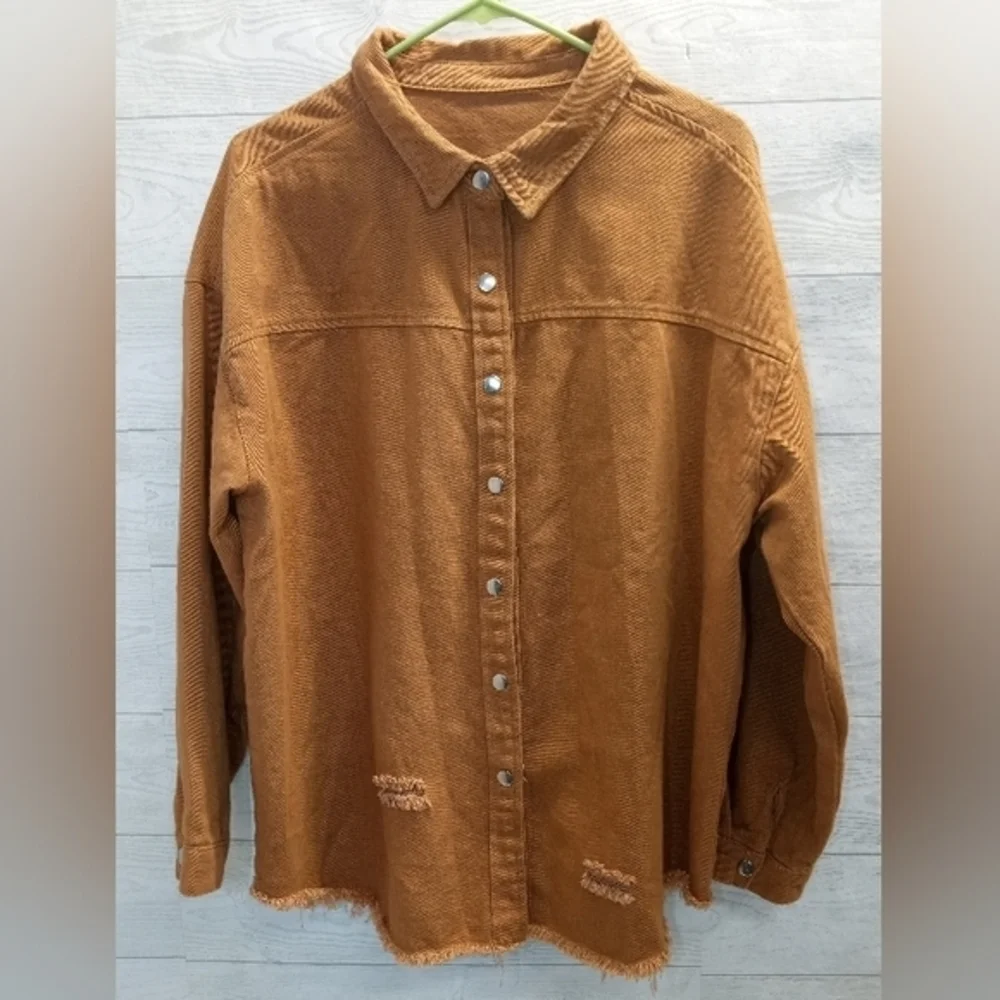 Women's oversized Button‎ Up tan Shirt